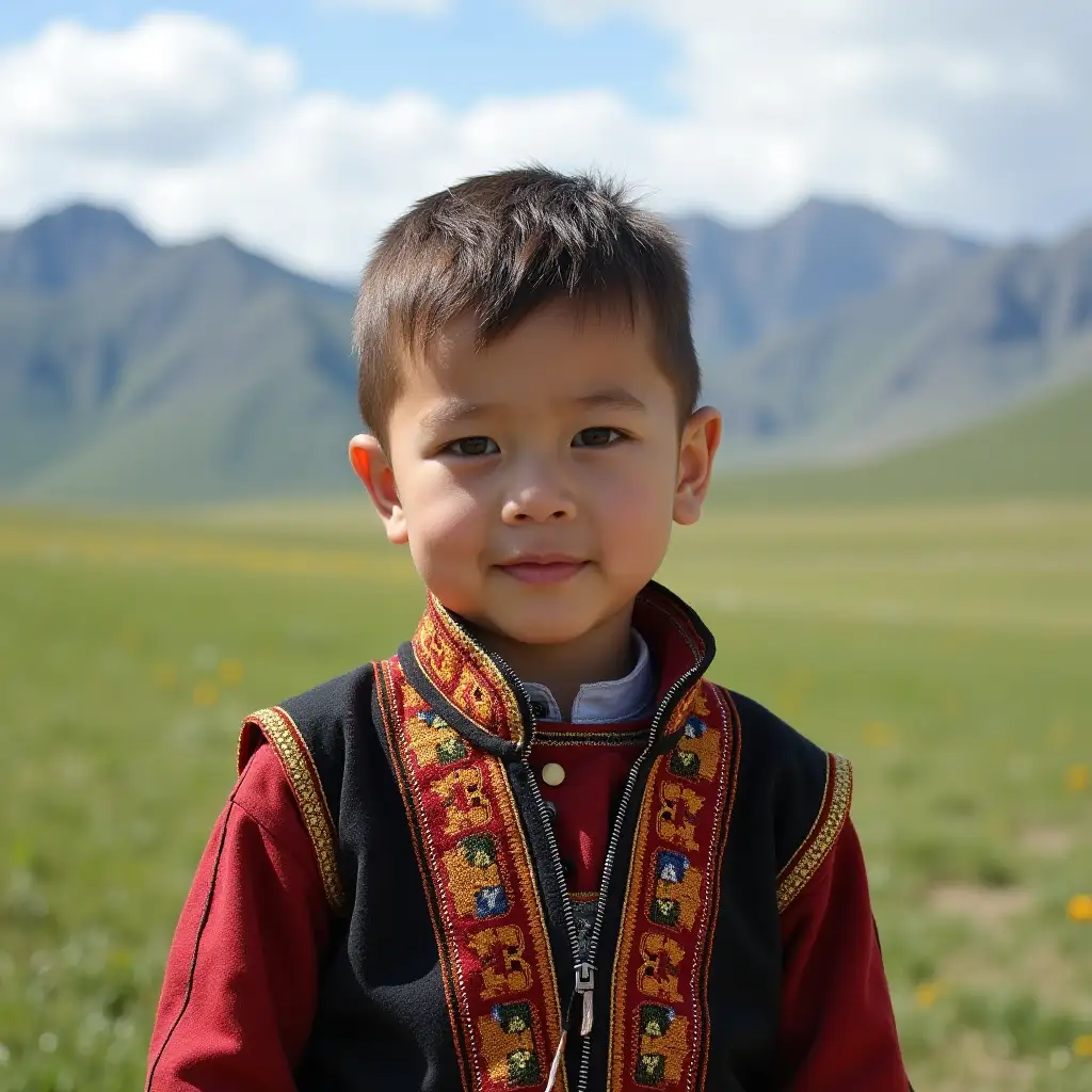 Kazakh-Boy-in-Traditional-Attire-Against-Majestic-Mountain-Landscape