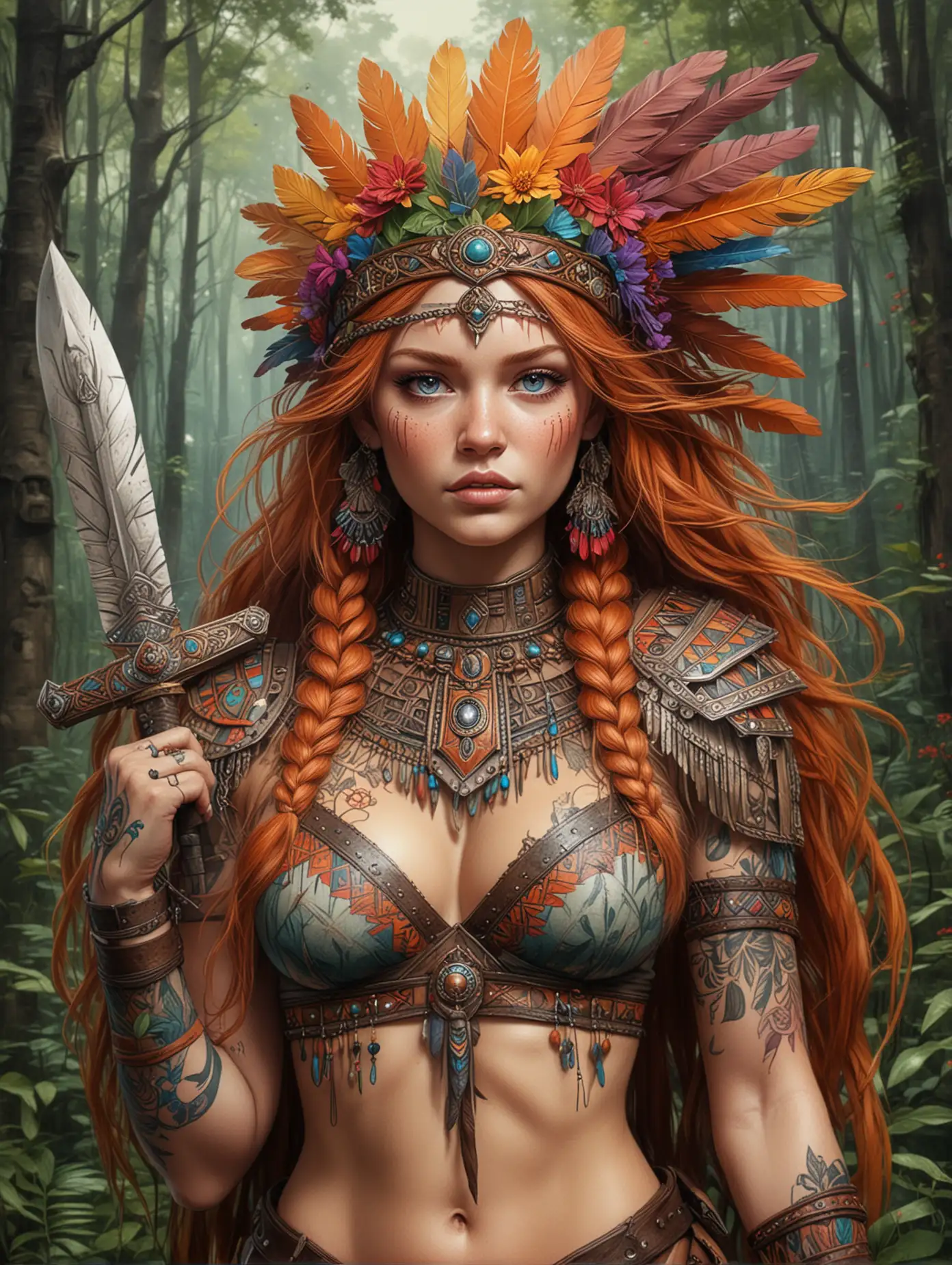 Whimsical style, Sketch of beauty anime ginger girl with awesome cleavage as the aztec warrior, tribal tattoos on her arms, piercing bright eyes, extremely muscular, in a lush forest. She holds the long machete in combat pose. Wears a chest piece with metalwork, fur accents, colorful feathers shoulder guards, bracers, a thick leather belt, and a leather skirt with intricate accents. Long flowing hair in a intricate braid over the shoulder with colorful flowers of headdress, colorful pen sketchy draw, hand drawn, dark, gritty, realistic sketch, rough sketch, mix of bold dark lines and loose lines, awesome background, on canvas, extremely detailed, masterpiece art