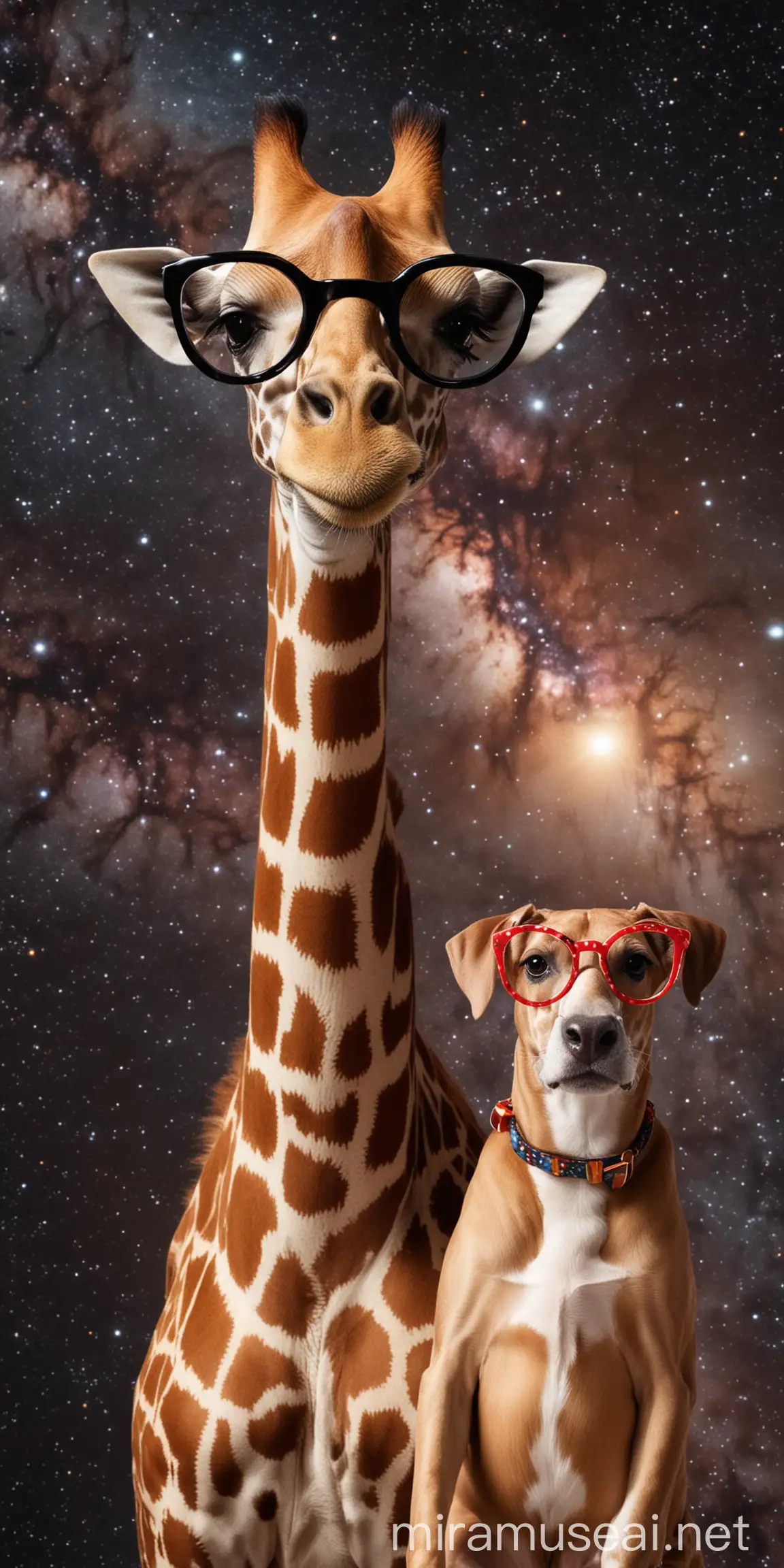 Giraffe with Glasses and Dog in Space Adventure