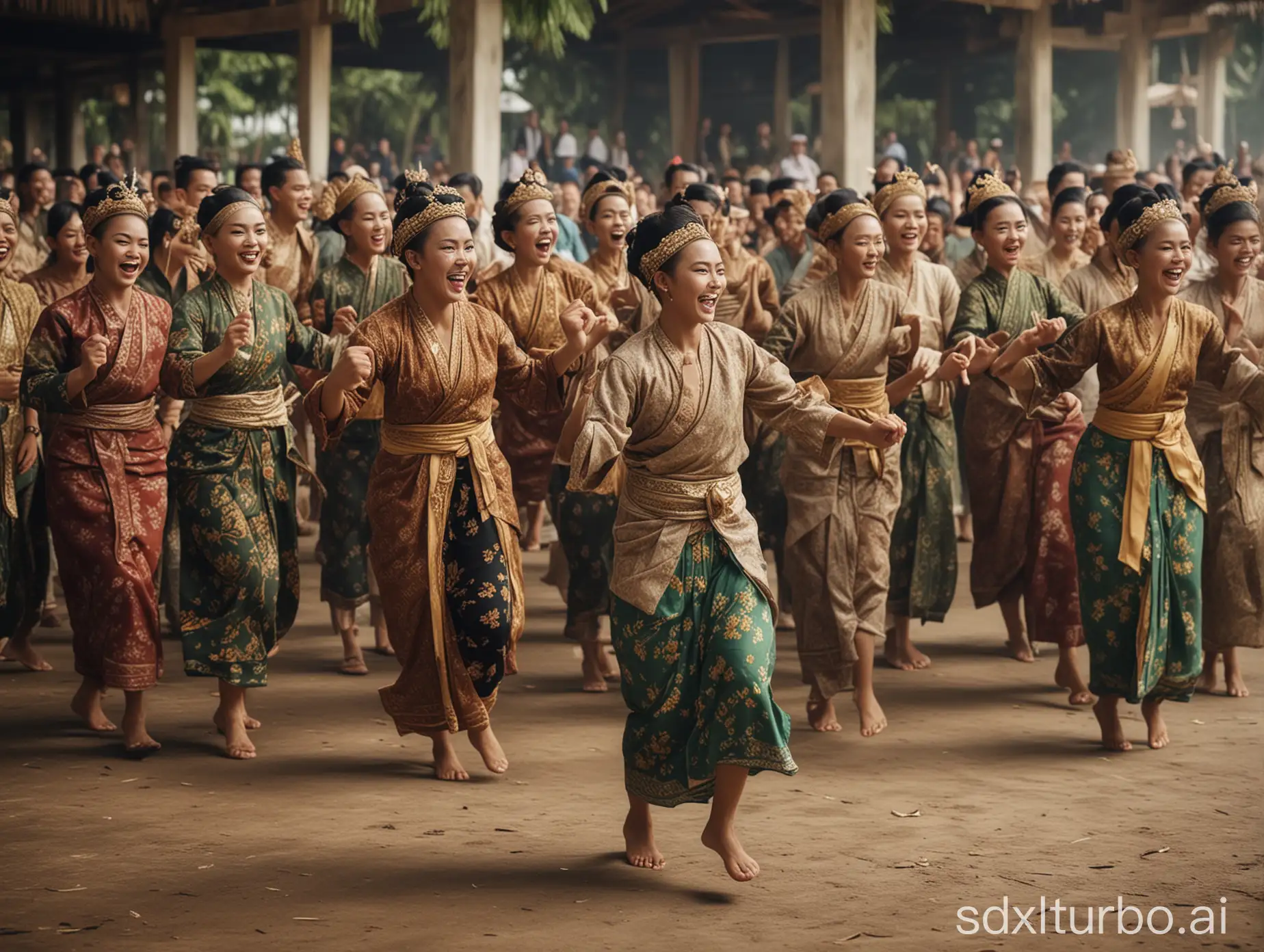 the crowd looks happy, men and women, some are dancing, ancient Javanese clothes, the background of the Javanese kingdom, a spacious and beautiful place