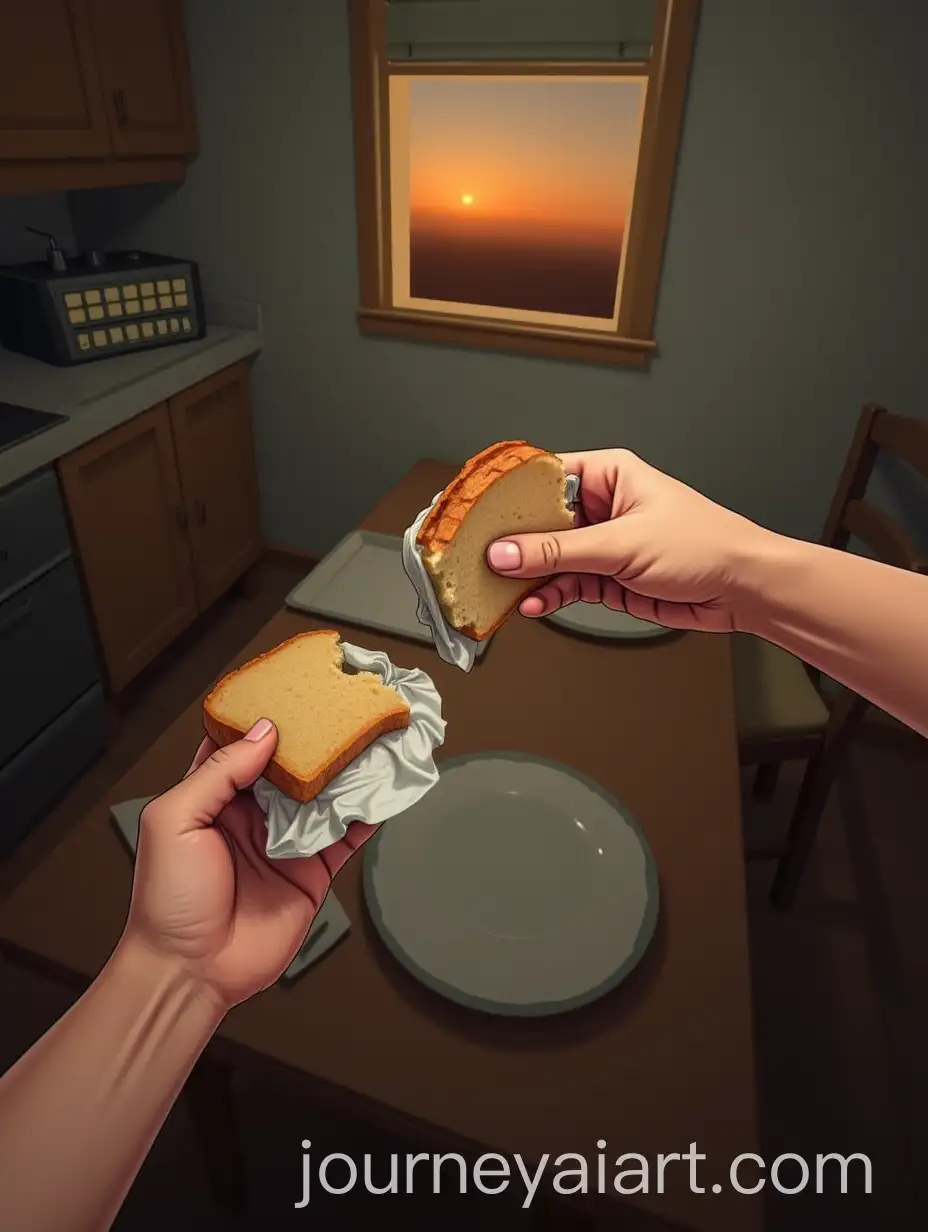 FirstPerson-View-of-Hand-Holding-Deformed-Bread-with-Sunset-and-Kitchen-Sounds