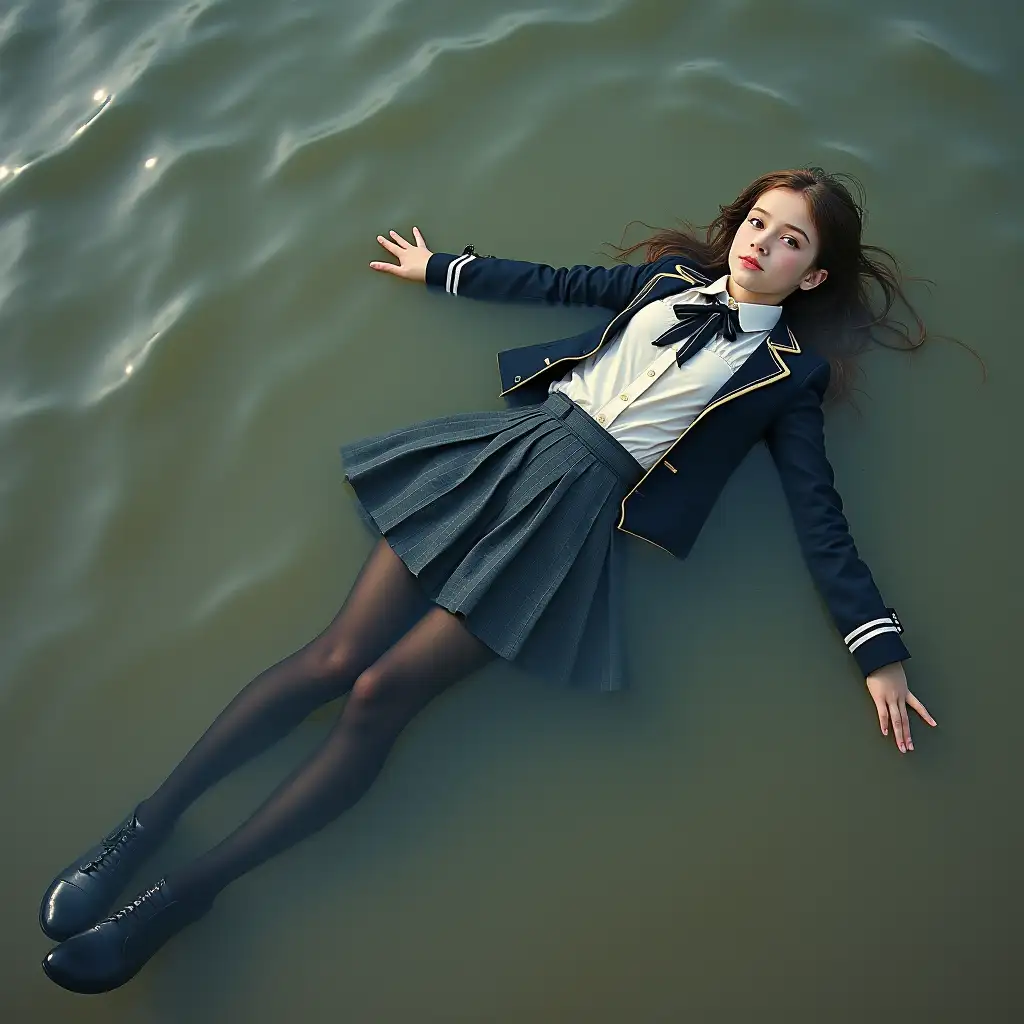 A young schoolgirl in a school uniform, in a skirt, jacket, blouse, dark tights, high-heeled shoes. She is swimming in a dirty pond, lying underwater, all her clothes are completely wet, wet clothes stick to her body, the whole body is under water, submerged in water, under the surface of the water, below the water's edge.