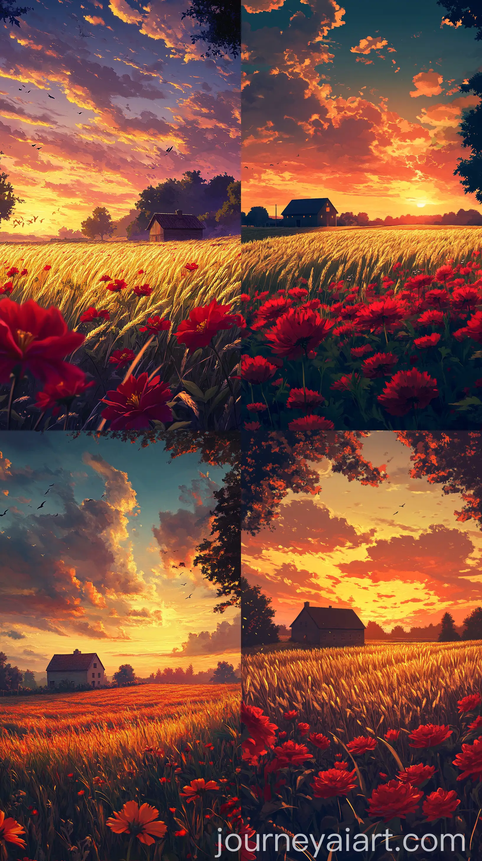 Breathtaking-Anime-Sunset-Over-Rural-Landscape-with-Farmhouse-and-Red-Flowers