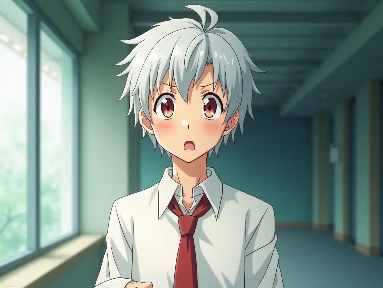 A boy in a white shirt of highschool, white hair and a red tie is making expressions, how if was relaxing on 3d ambience. A anime 1990s style.