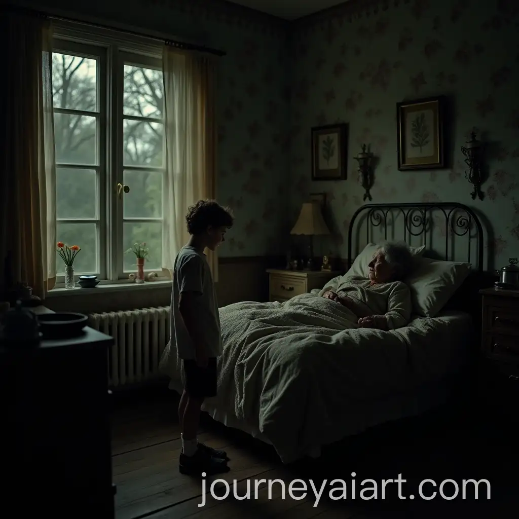 Nostalgic-Scene-of-Elderly-Woman-and-Boy-in-OldFashioned-Bedroom
