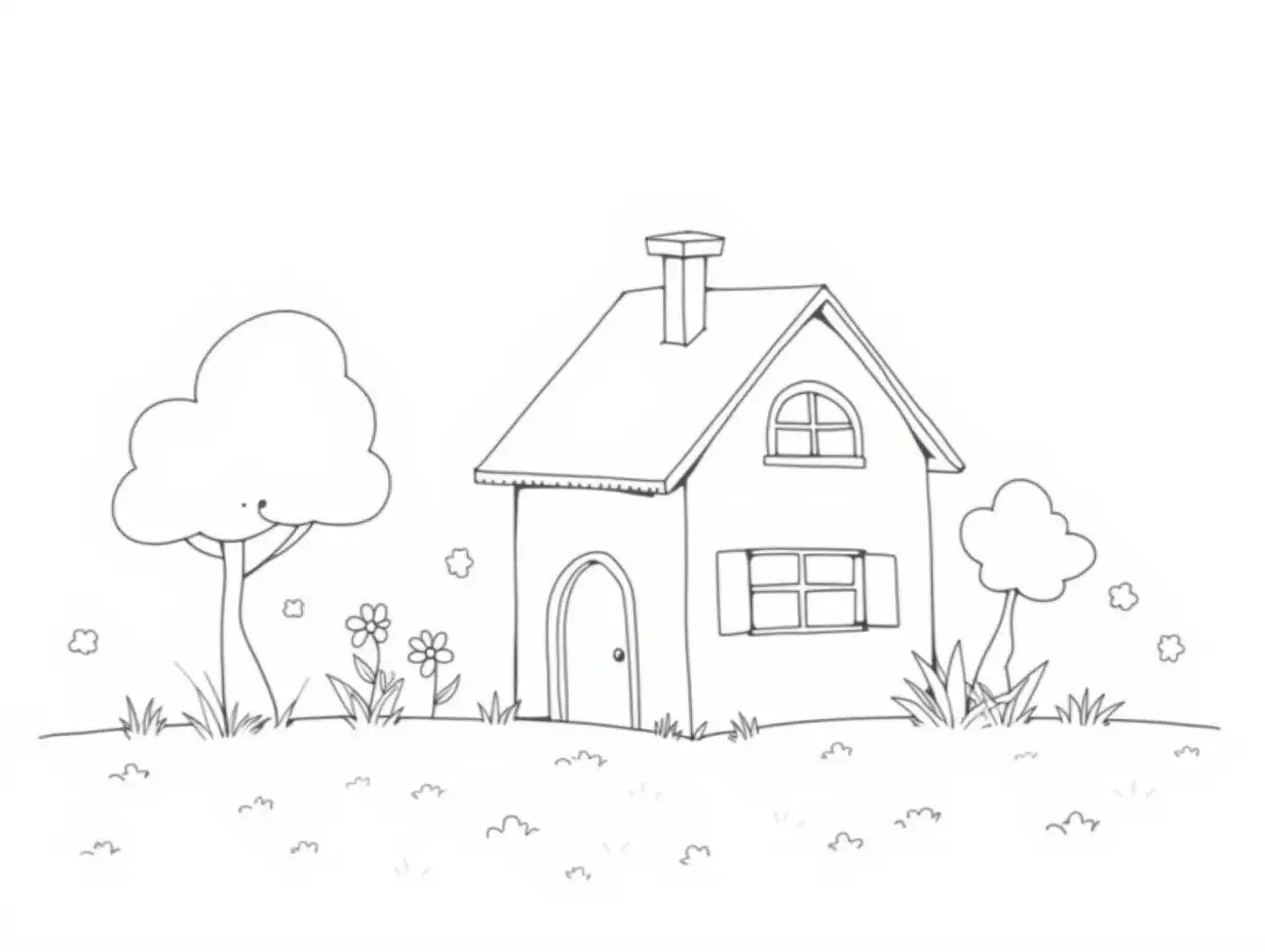 House in the Garden: Black and white line art drawing A small house surrounded by flowers, trees, white background with big shapes for easy coloring. These designs are made with bold lines and large shapes to ensure they are simple and enjoyable for young children to color.