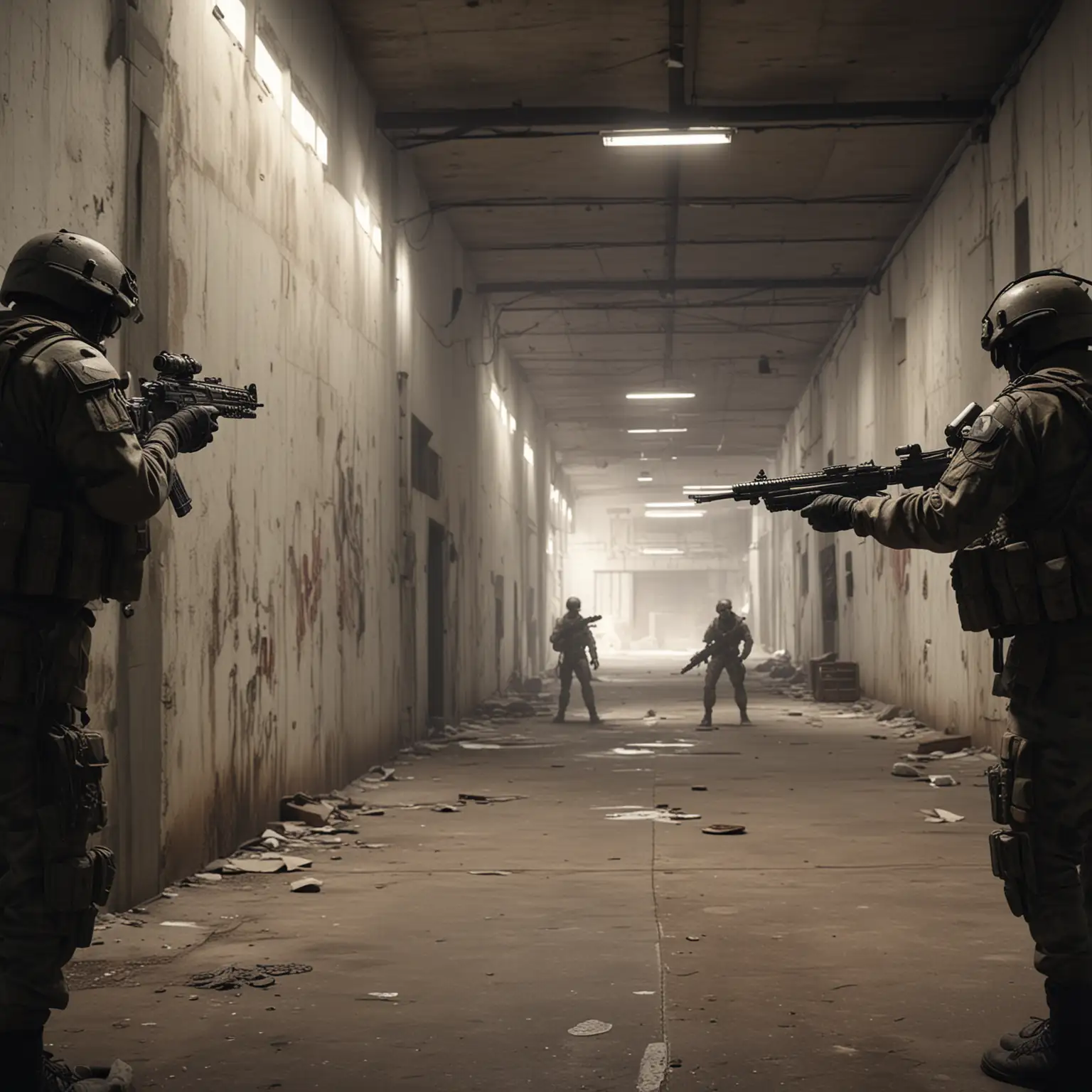 Perspective of someone in first person pointing with a modern gun, that two soldiers point with modern guns at mutant soldier with peeled skin, warehouse without windows, white lights