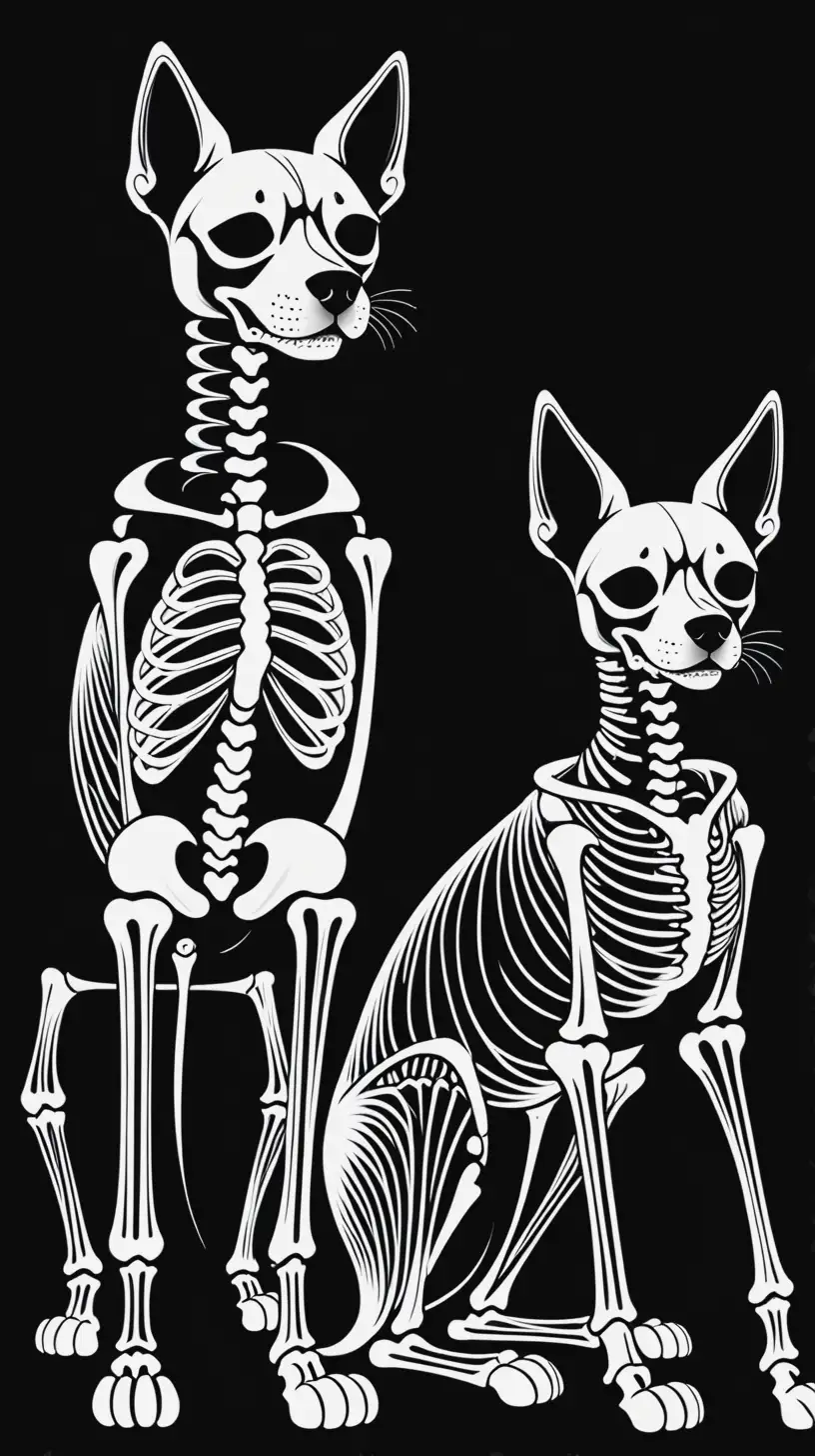 Minimalist Line Drawing of Cat and Dog Skeletons on Black Background