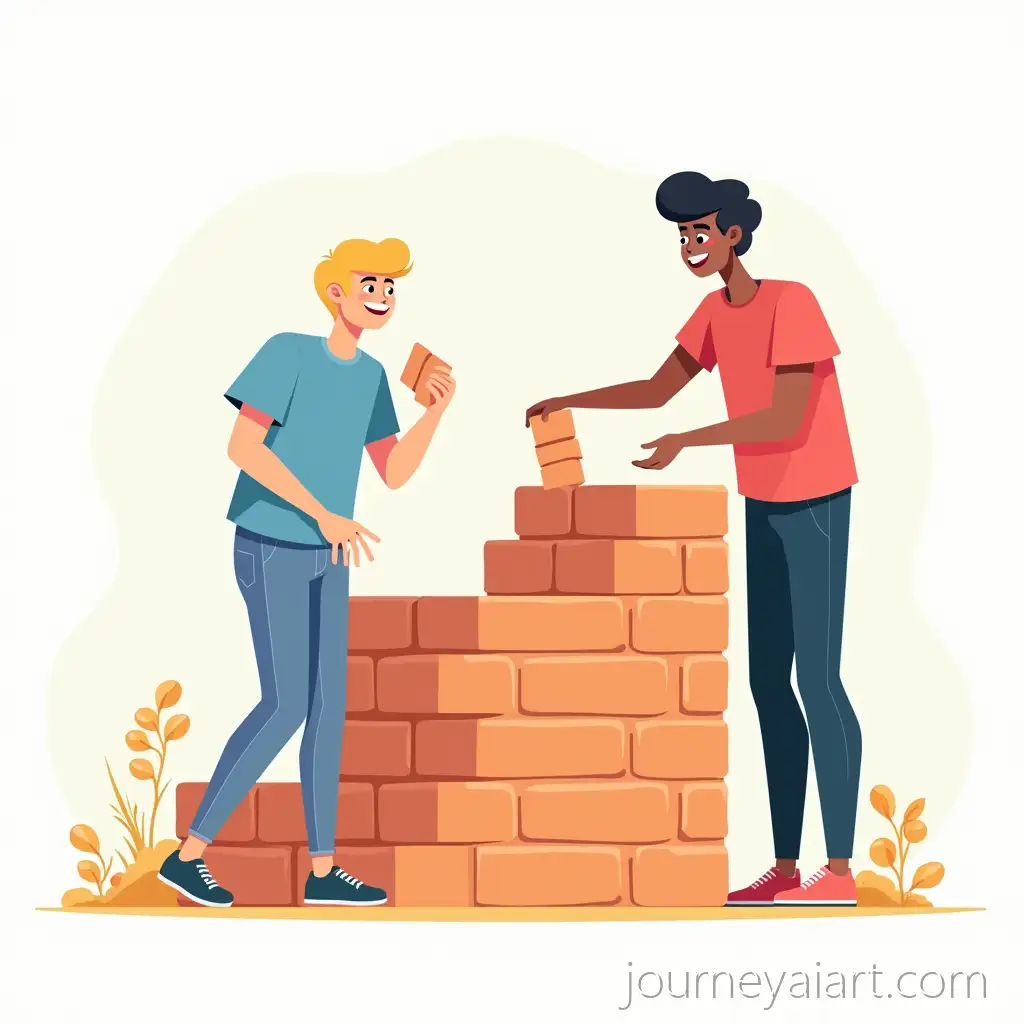 Young-University-Students-Collaborating-to-Build-a-Brick-Wall-in-a-Bright-Colorful-2D-Illustration