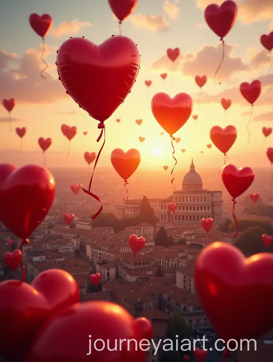 Romantic-Sunset-Over-Rome-with-HeartShaped-Balloons-and-Colosseum