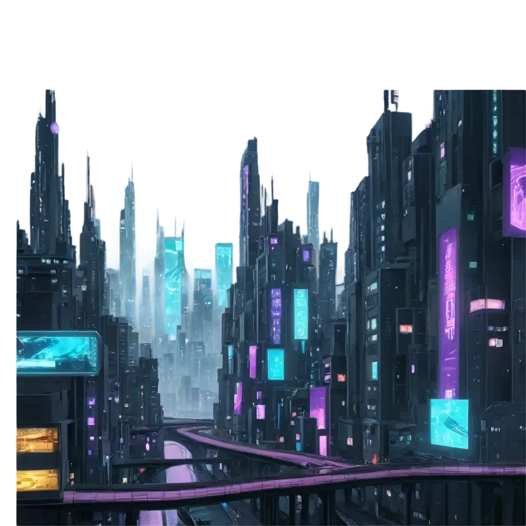 Cyberpunk-City-PNG-with-Fractal-Buildings-and-Bridge-in-Anime-Style-Purple-to-Azure-Palette