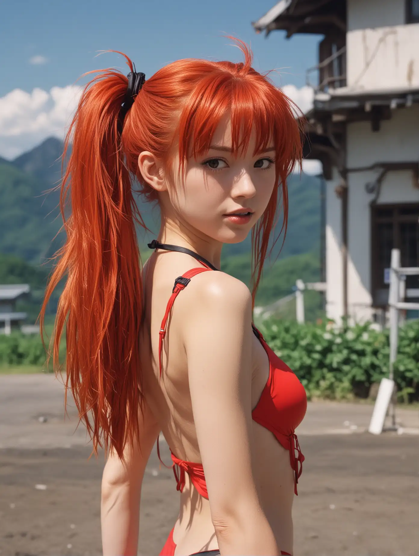 Neon-Genesis-Evangelion-Pilot-in-Red-Swimsuit-with-Long-Red-Hair-in-Japan-Background