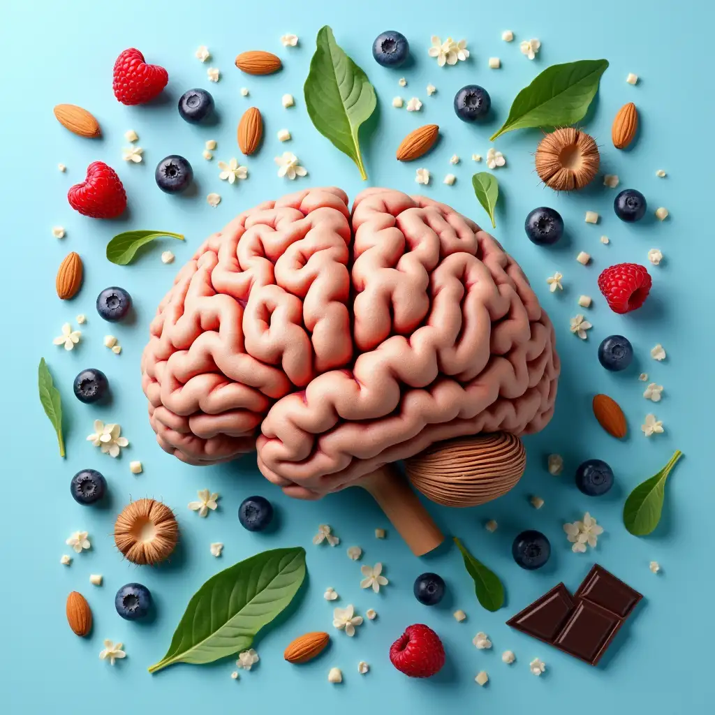 on a tender blue background, the brain lies as two hemispheres, the brain above is pierced by electric threads like neurons, around abundantly spread are hazelnuts, almonds, spinach, blueberries, raspberries, irregular slices of dark chocolate