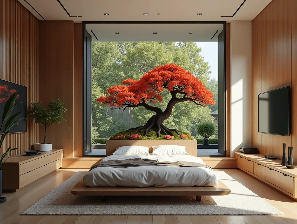 very large modern bedroom with Bonsai 180 degree panoramic shots 8K resolution Colorful