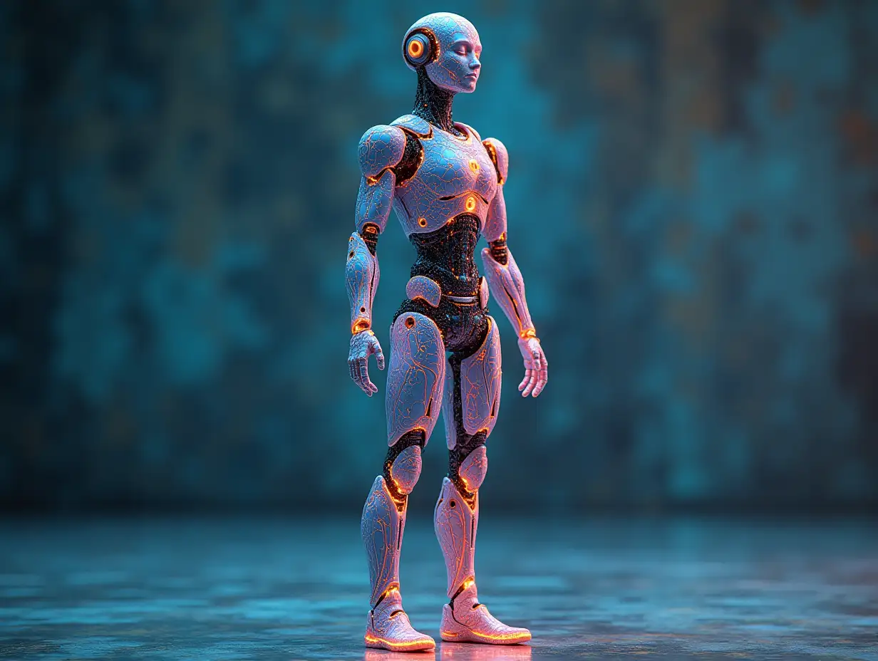 Create a high-resolution, realistic image of an artificial intelligence fractal colored humanoid robot, on the photo studio floor at 4-k resolution.