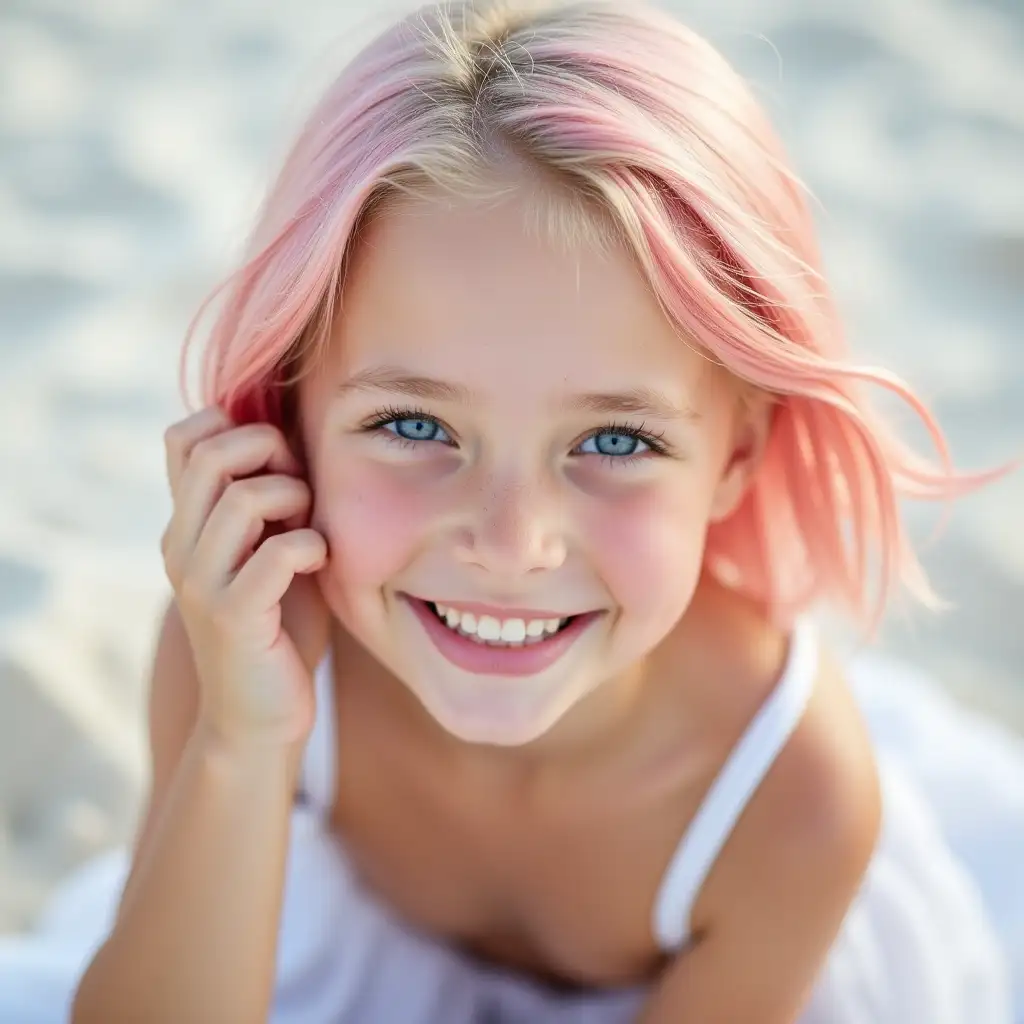 a close-up portrait of a beautiful white 12-years-old girl with medium short light pink hair and blue eyes. She cute smiles, her white teeth are visible. She is straightening her hair near her ear. She is sitting on the white sand. She is wearing a white skirt