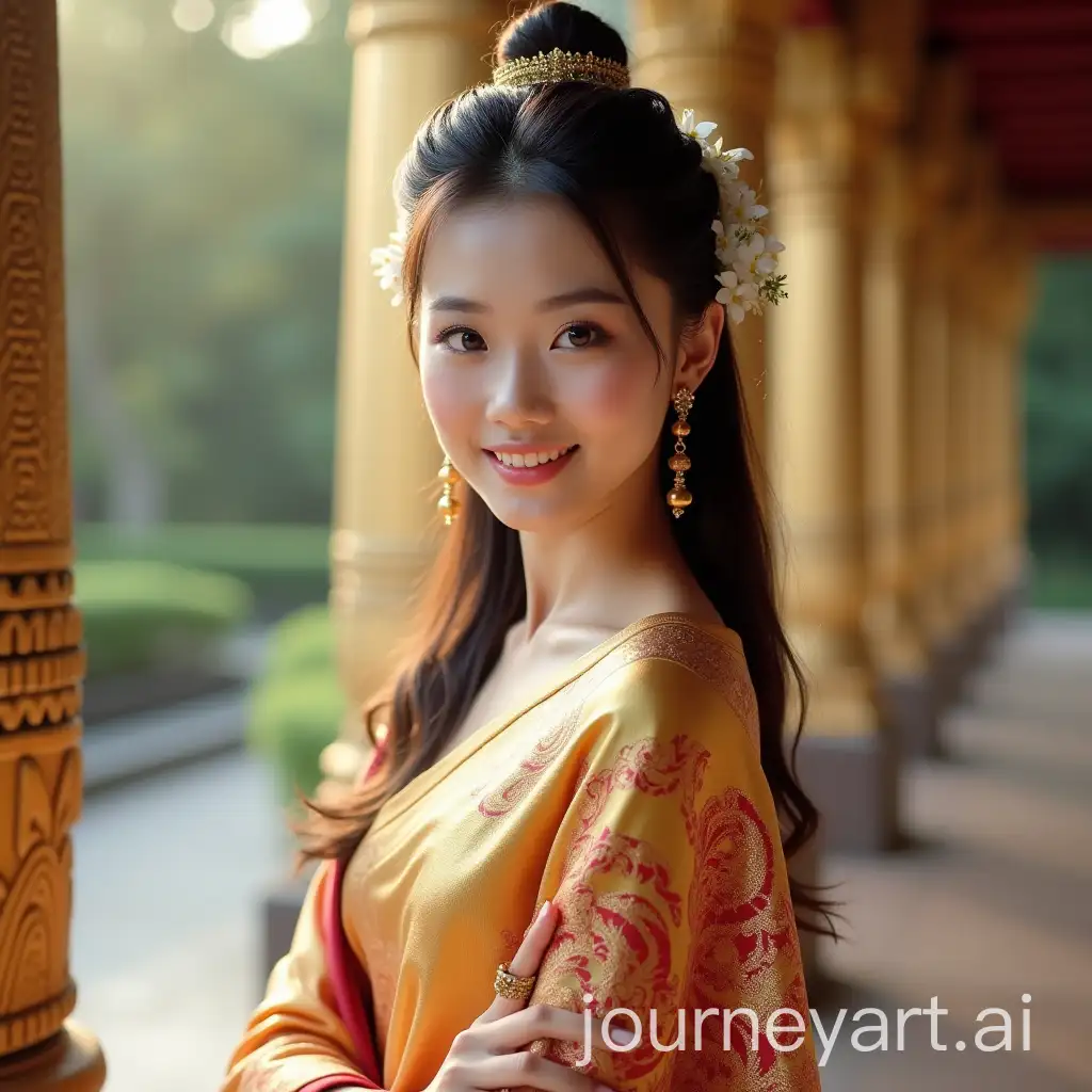 Elegant-Thai-Woman-in-Traditional-Attire-at-a-Serene-Temple