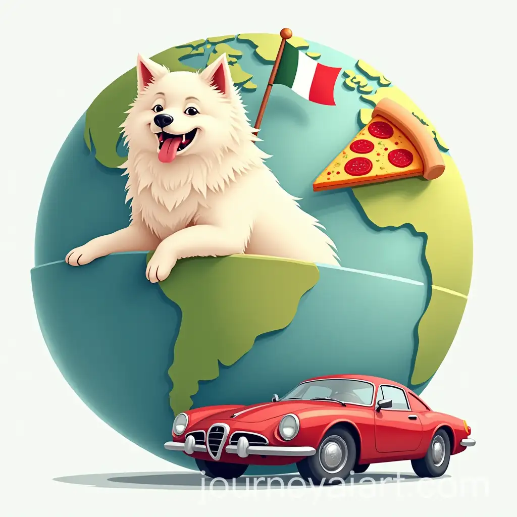 Cartoon-Style-Illustration-Samoyed-Dog-Italian-Flag-Pizza-Slice-Alpha-Romeo-Car-on-Earth-Globe