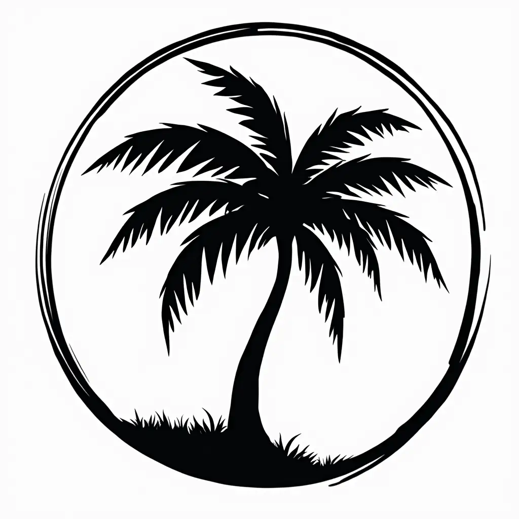 a round logo with a palm tree in the middle. comic style, black and white