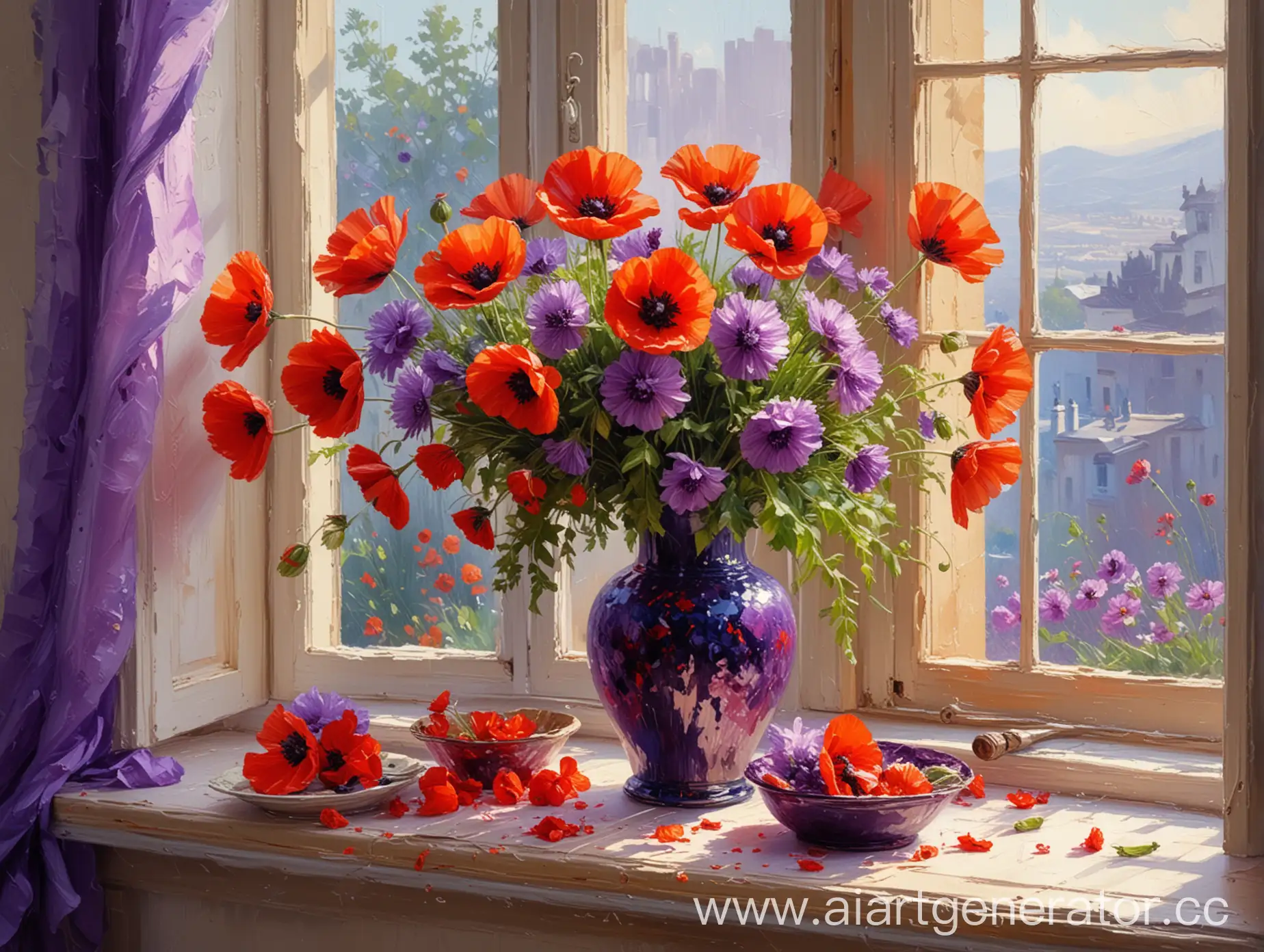 Impressionist-Still-Life-Luxurious-Purple-Pions-and-Red-Poppies-in-a-Vase