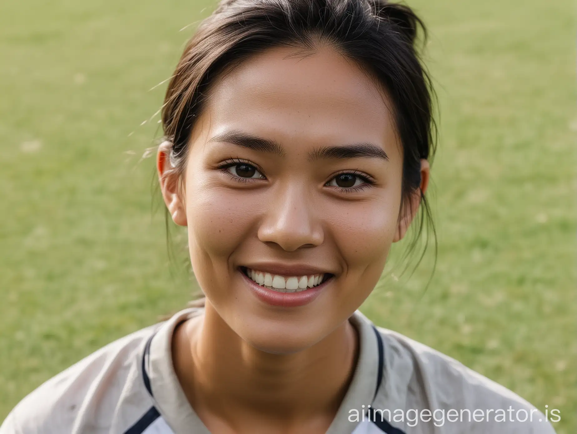 long shot of a natural face without make-up of a beautiful  skinny Thai women's soccer coach with an excited eyes and a joyful smile.