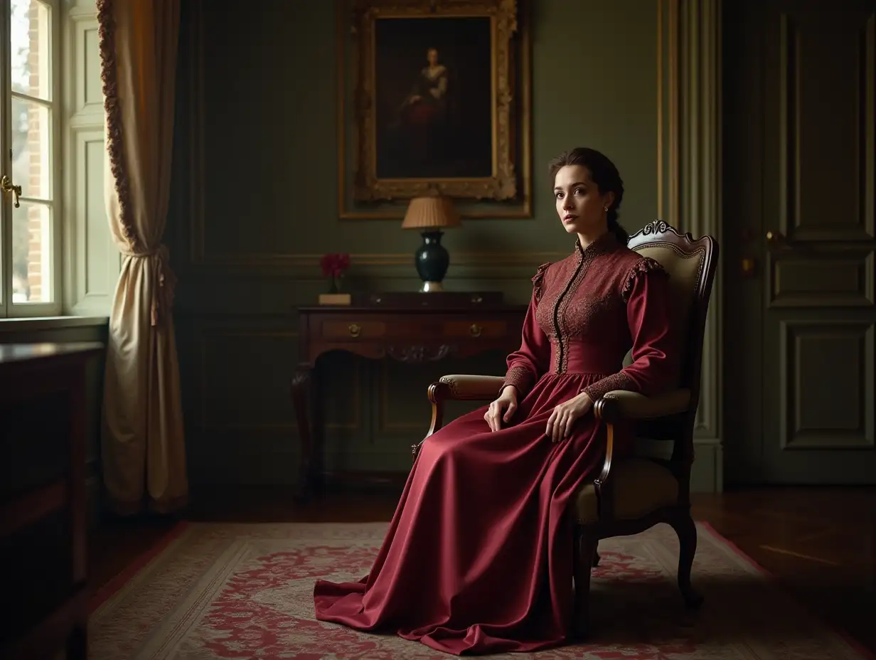 a victorian room with a lady sitting on a chair, she is in her forties and wears a victorian dress