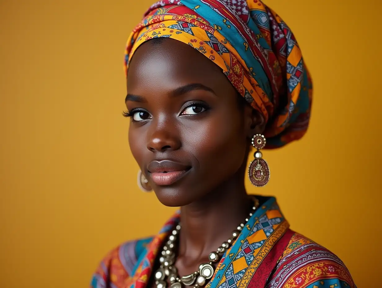 AI African woman with headscarf and long colorful clothing