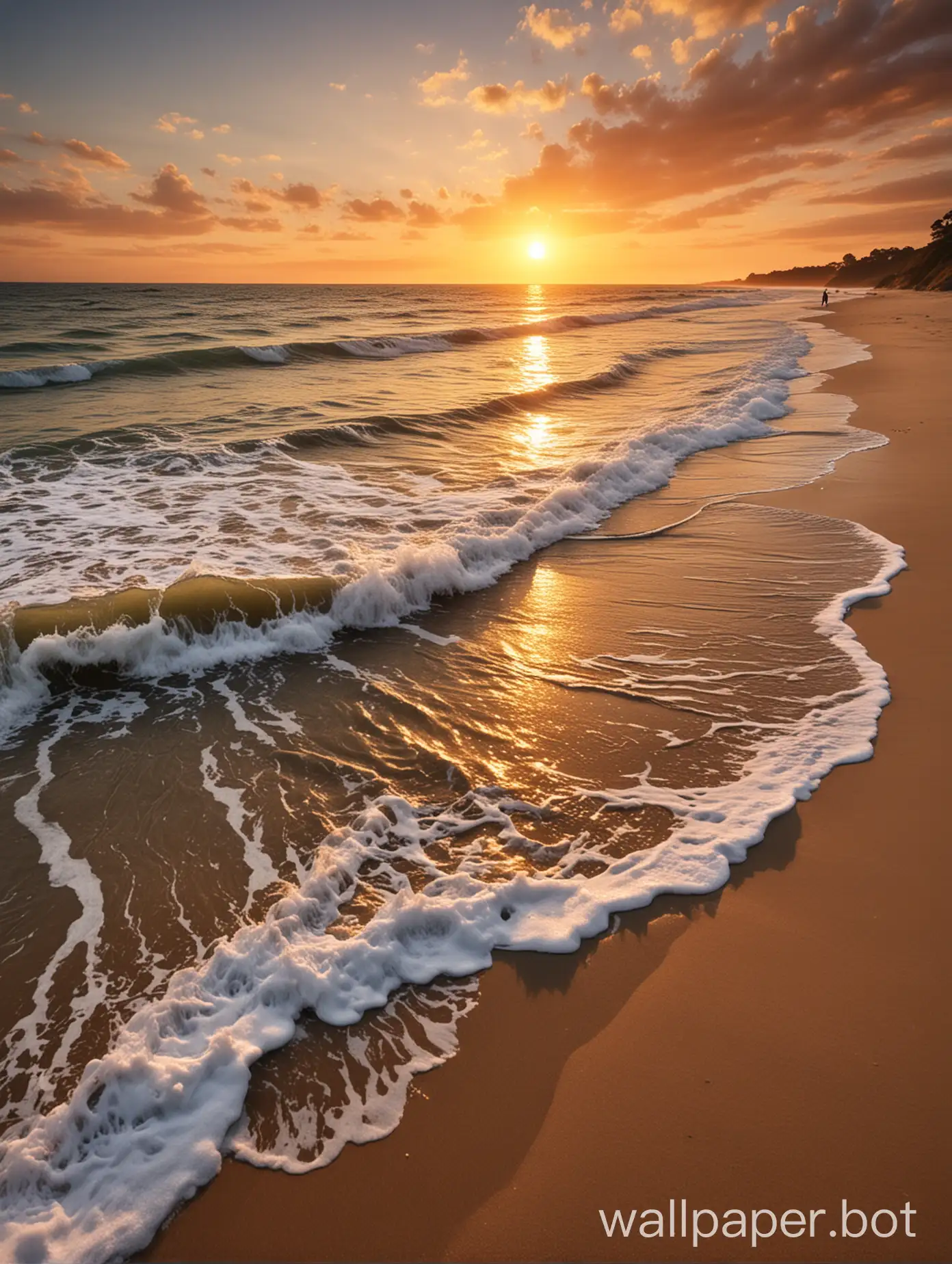 Golden-Sunset-at-Beach-with-Gentle-Waves