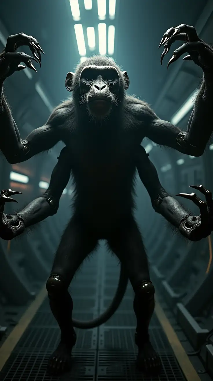 Cybernetic-Monkey-Hybrid-with-Four-Metal-Claws-in-Dark-SciFi-Space-Setting