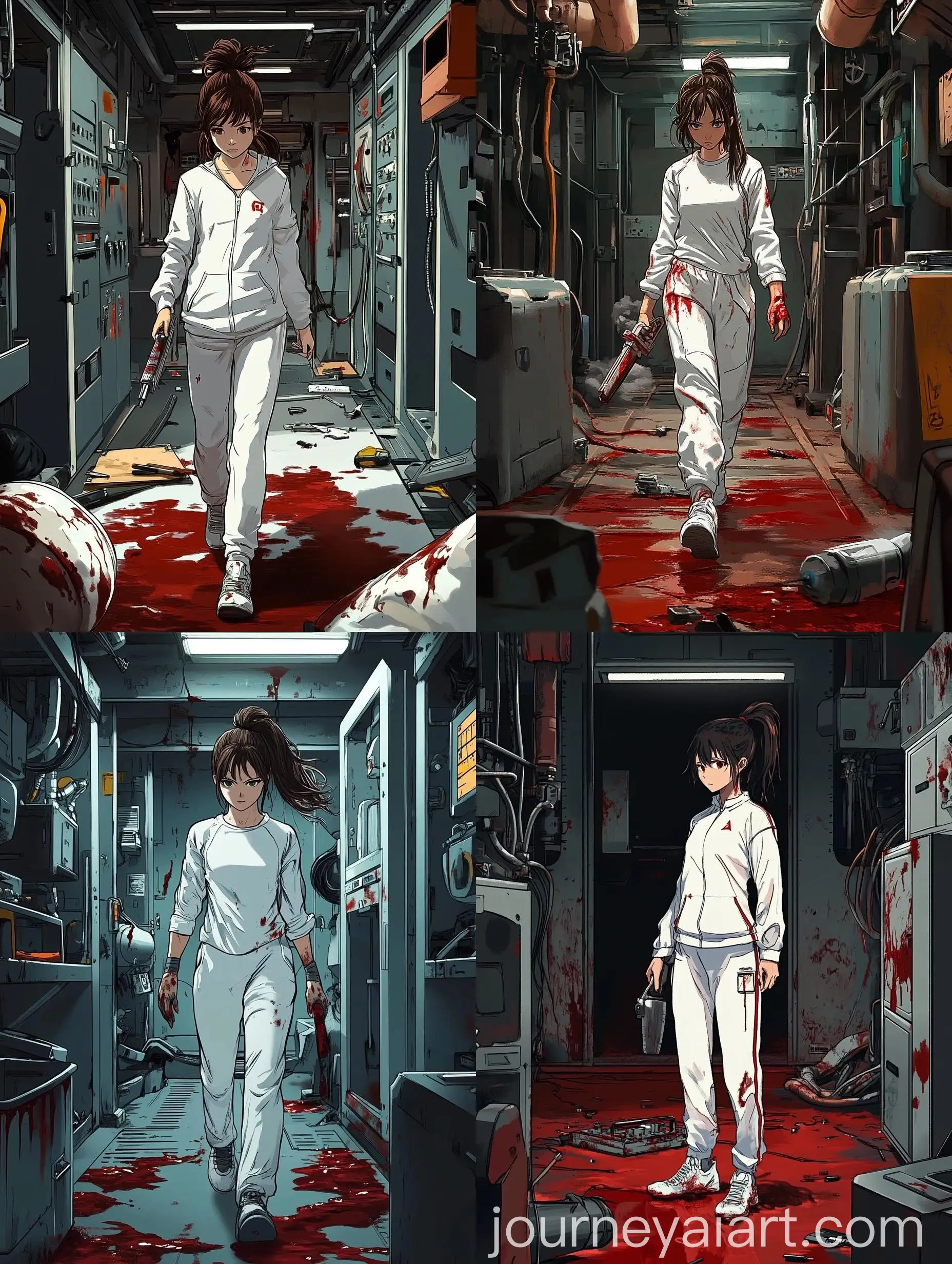 Girl-in-White-Tracksuit-Enters-Bloody-Engine-Room