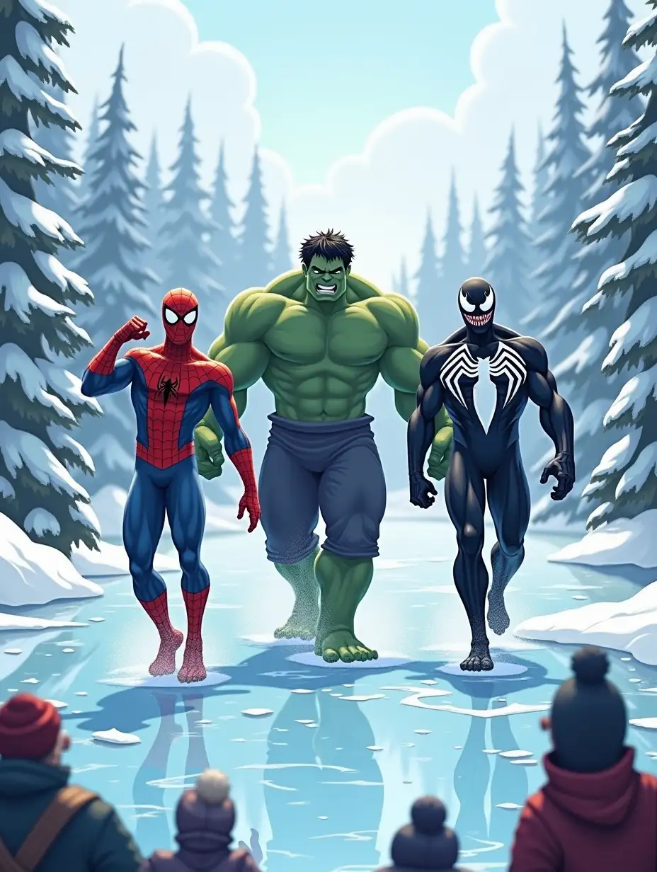 A 3D realistic cartoon-style image of Spider-Man, Hulk, and Venom entering a frozen lake surrounded by snow-covered trees. Spider-Man is flexing his fingers, Hulk is cracking his knuckles, and Venom walks confidently with his arms crossed. The icy surface reflects the sky, and a group of onlookers in winter clothing watches with excitement.