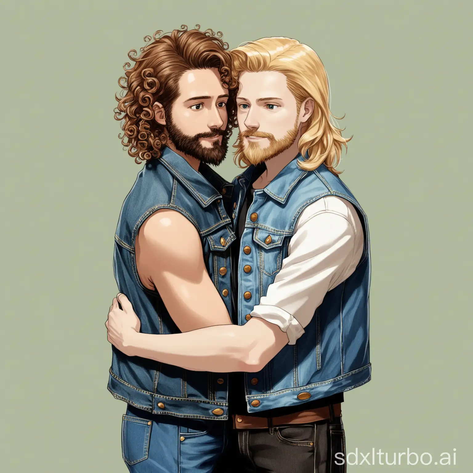 Tall blonde guy with curly shoulder-length hair in a sleeveless denim jacket, without a beard and a boy with chestnut hair, small beard in a rocker suit standing next to each other and hugging