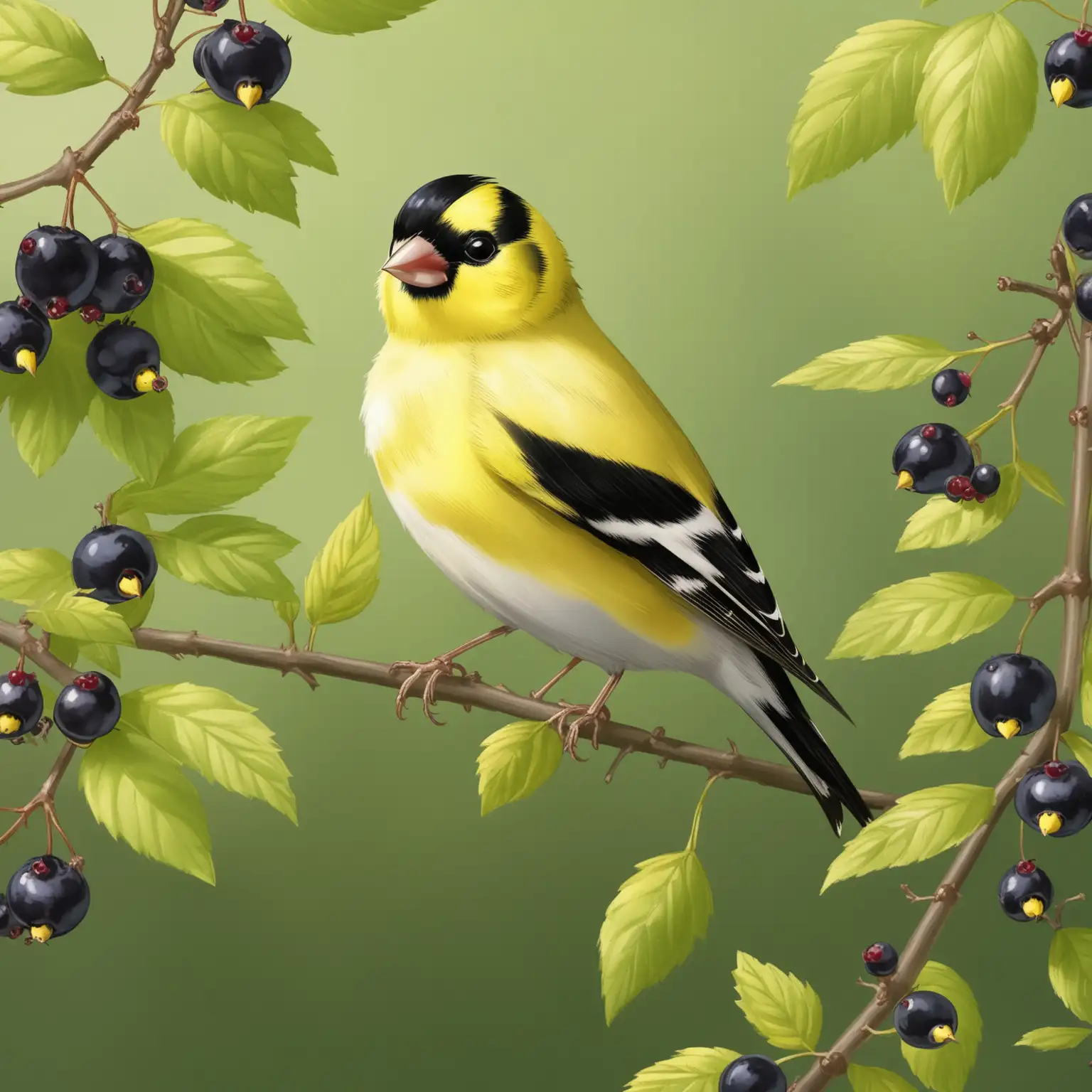 Goldfinch perched in leafy huckleberry bush