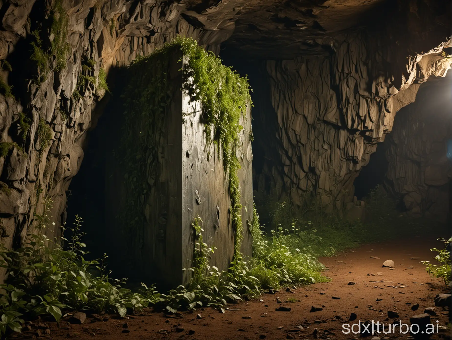 Mysterious-Shiny-Monolith-in-Overgrown-Underground-Cave