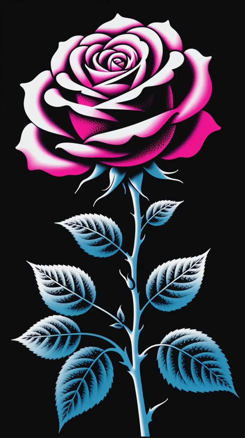 Vintage 70s Style Rose Stem Airbrush Art on Black Background with Halftone Pattern