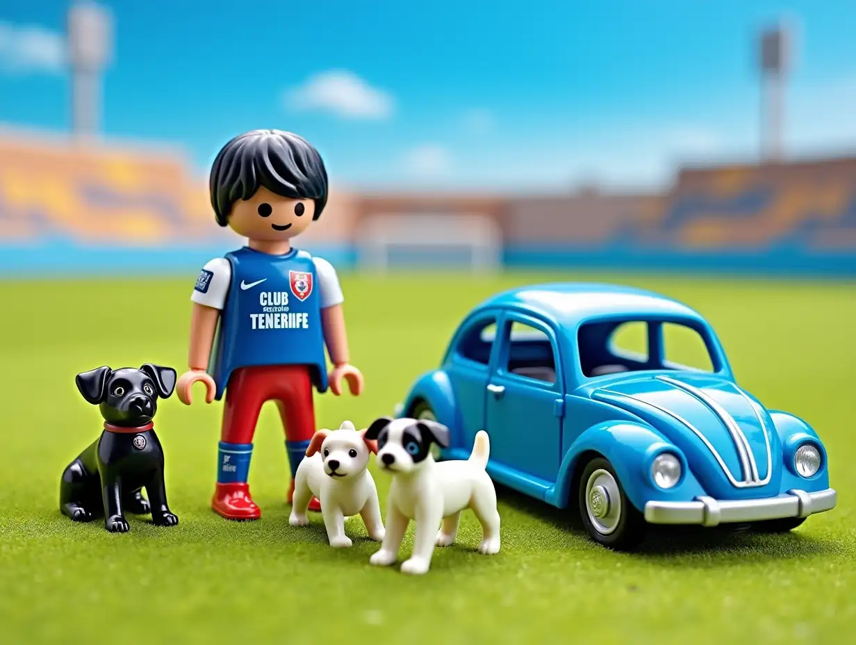 A Playmobil set with a black-haired boy with a Club Deportivo Tenerife shirt, a small black dog, two Jack Russells, and a blue Volkswagen Beetle on the stadium's turf