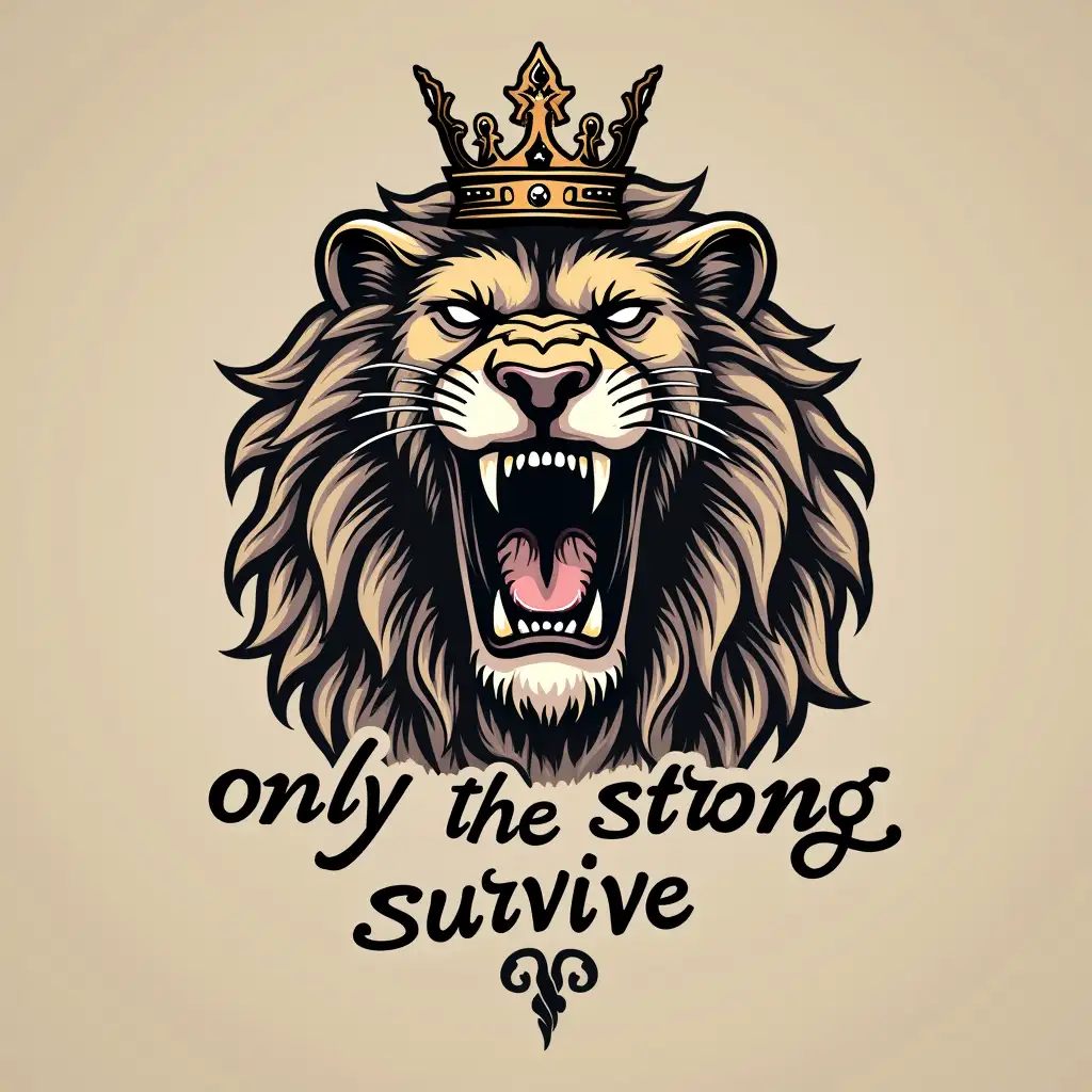 Make a tattoo of a lion head that is growling and showing its teeth. Beneath the lion head, add the text “only the strong survive”. Add a crown on top of the lion’s head. There should not be any background, only flat 2D tattoo with a text