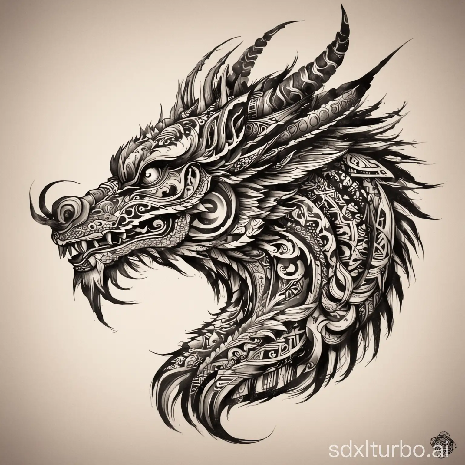 a traditional Chinese Dragon Head side view in Maori Style usable as Tattoo in black