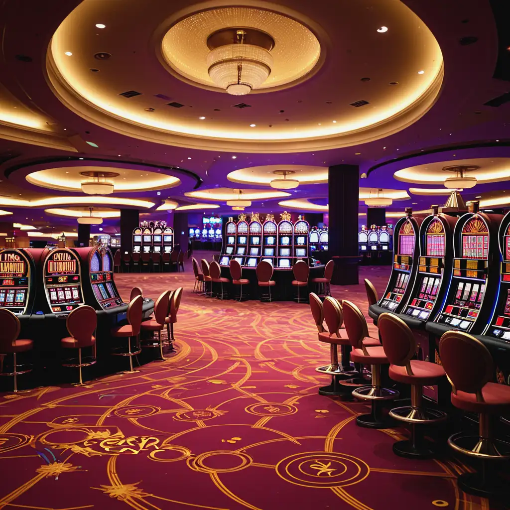 Empty Casino Interior with Neon Lights and Slot Machines