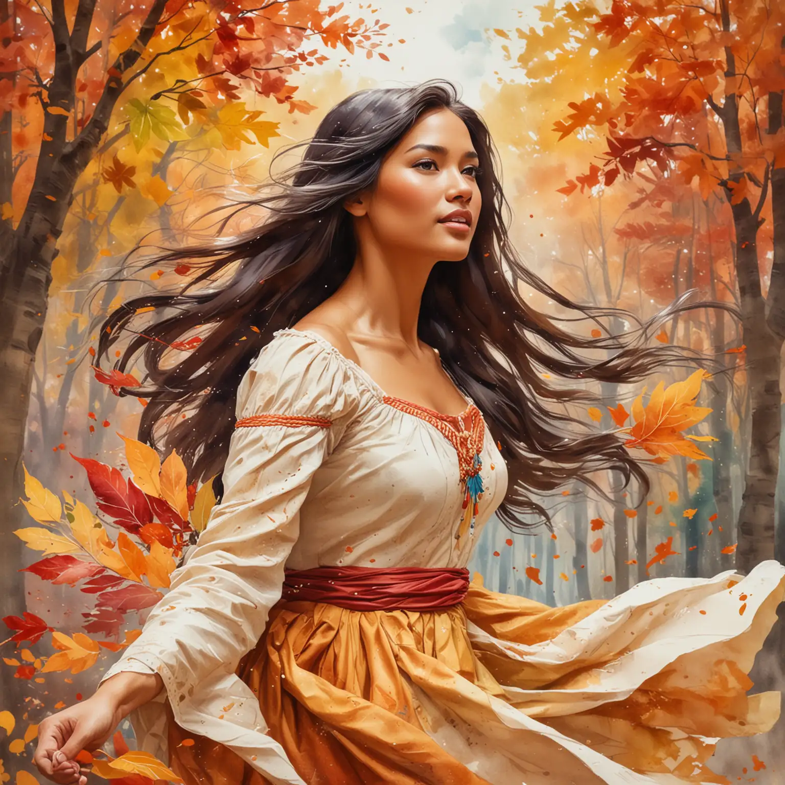 Pocahontas painting with all the colors of the wind, her flowing hair and dress merging with the vibrant autumn leaves swirling around her, the wind carrying the colors of nature in a beautiful, harmonious dance, the scene filled with the essence of freedom and unity, Artwork, watercolor painting on textured paper, --ar 16:9 --v 5