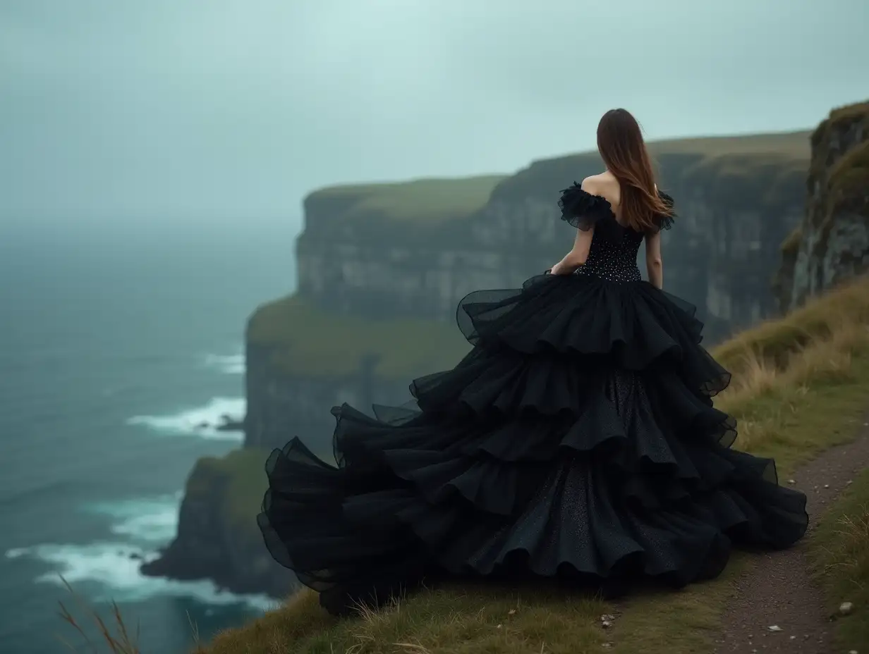 stunningly beautiful young 20-year-old Caucasian brunette woman, wearing huge black glittery ruffle haute couture dress, walking towards edge of a cliff, in a gloomy landscape, bad weather, photo taken from side view