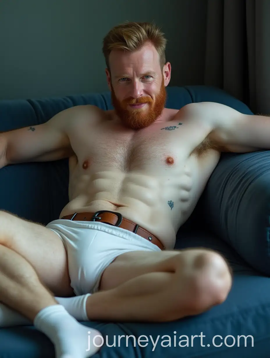 Mature-Pale-Police-Father-Relaxing-on-Blue-Sofa-with-Ginger-Chest-Hair-and-Tattoos