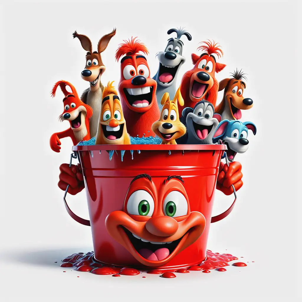 Overflowing Funny Cartoon Animals in a Big Red Bucket