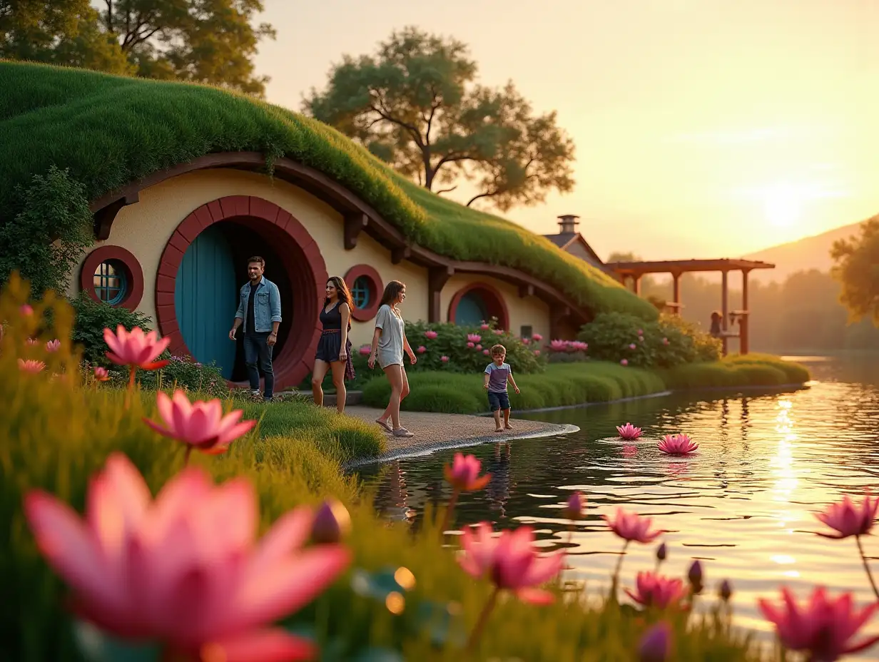 a close-up shot shows a man holding one half of a round door by the door handle and opening it slightly into a hobbit house, and a woman and a child are standing next to him - they are all happy and in motion, the hill of the hobbit house is not big and there is only one hobbit house in the frame near which they stand, and to their right there is a view of the shore of a large pond with large pink water lilies, and on the edge of the shore near the water a man and a child are playing, on the other side of the pond with large pink water lilies they are walking and children and other people play by the water, on the other side there is also a simple wooden pergola with a small pier by the water, and a chalet house with panoramic windows in all walls from floor to roof, that is, each wall is a panoramic window, everything else around the pond is a minimalist landscape design, a sunset sunny day and a lot of sunset sunlight, the foreground is in focus and the background is blurred