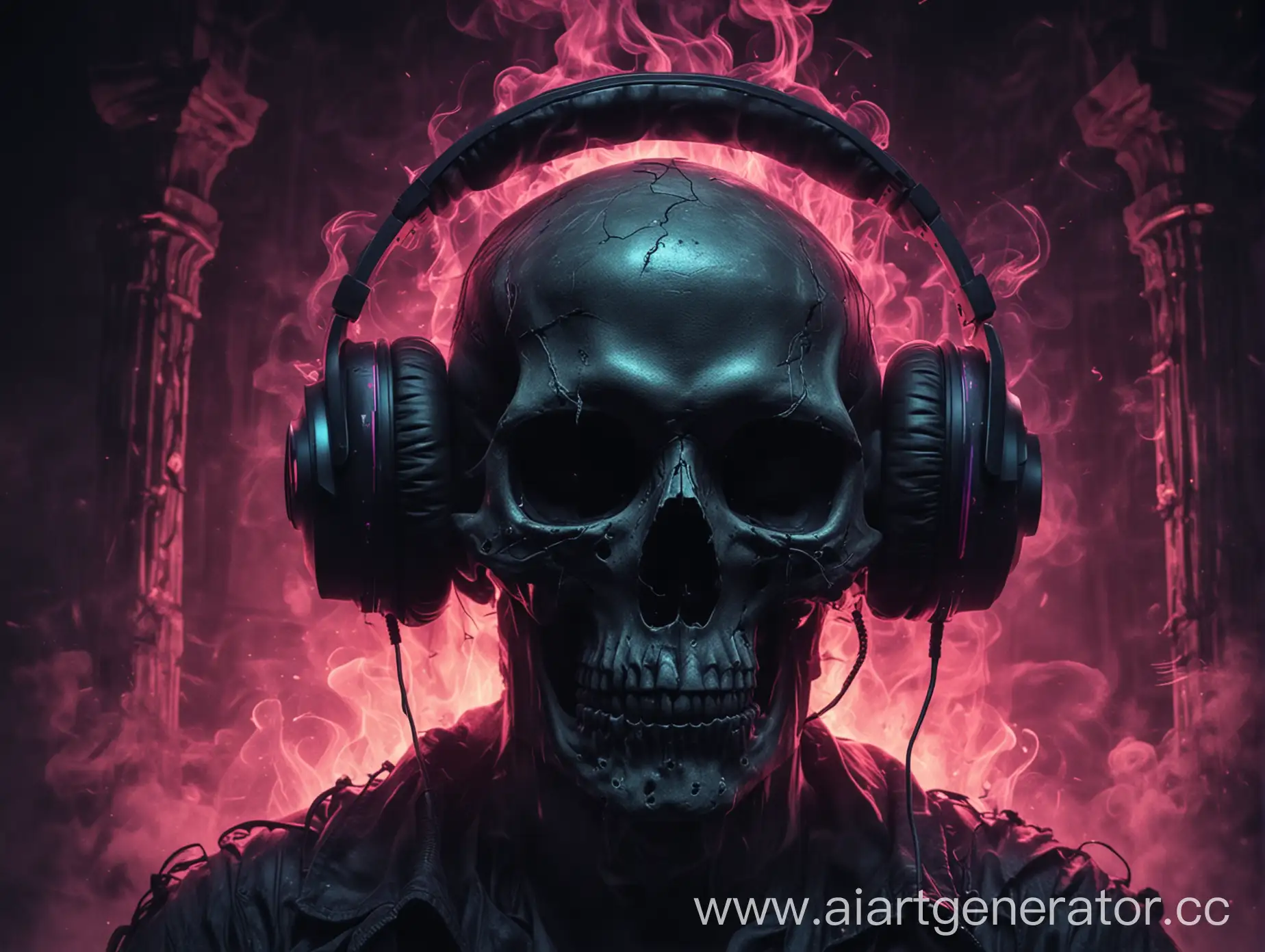 Skull-with-Headphones-in-Dark-Place-with-Smoke-and-Neon