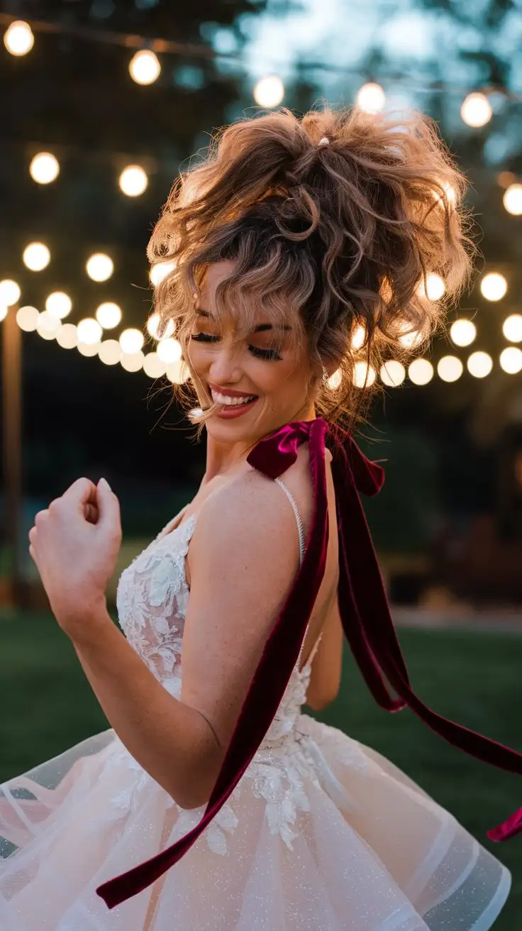 close up shot, bride with joyful and energetic pose, twirling slightly, standing in a garden with string lights, high, bouncy curly ponytail, full of volume and movement, velvet ribbon tied around the base of the ponytail, wearing a short, playful wedding dress, warm evening light, fun, youthful, realistic, detailed curly hair texture, shallow depth of field, bokeh background of twinkling lights.