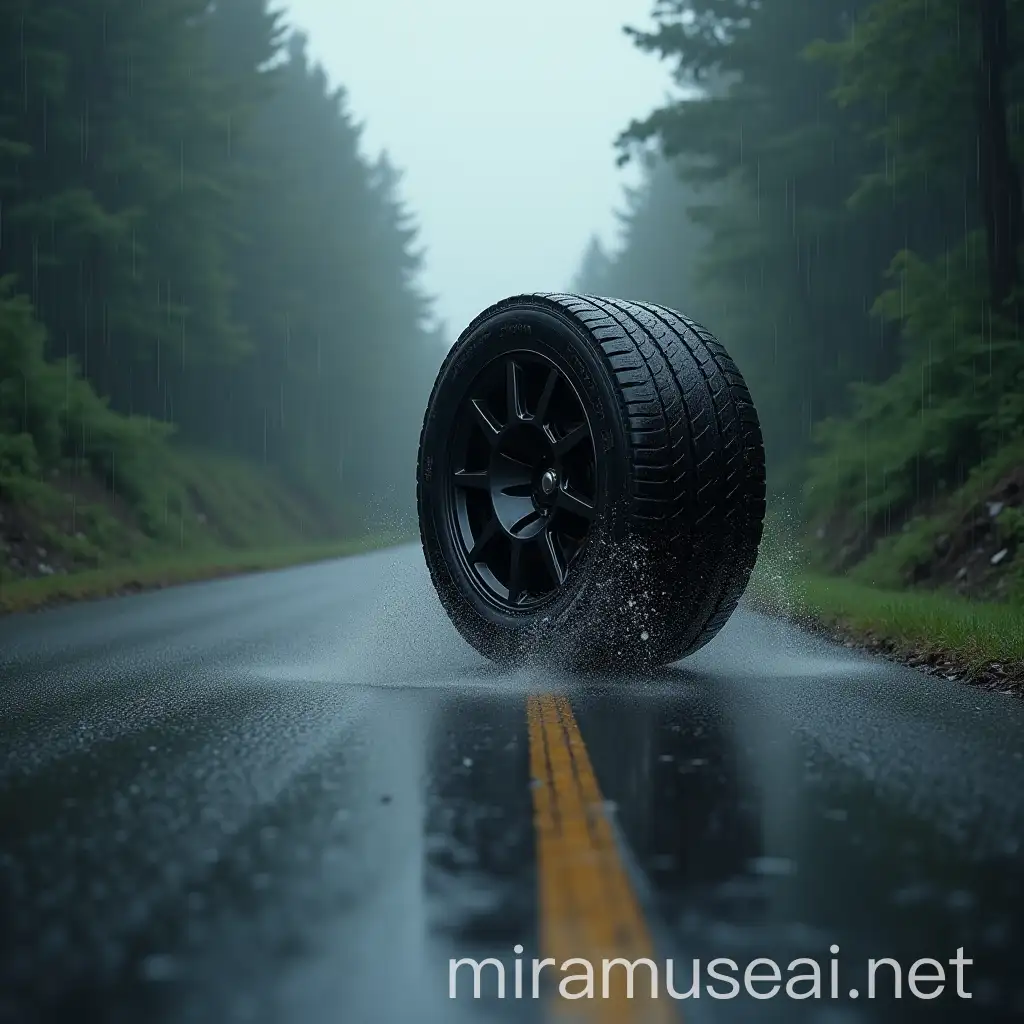 Tire Rolling Down Rainy Road