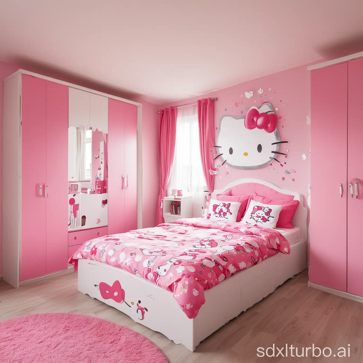Schlafzimmer im Hello Kitty Design with a double bed and a window and a wardrobe