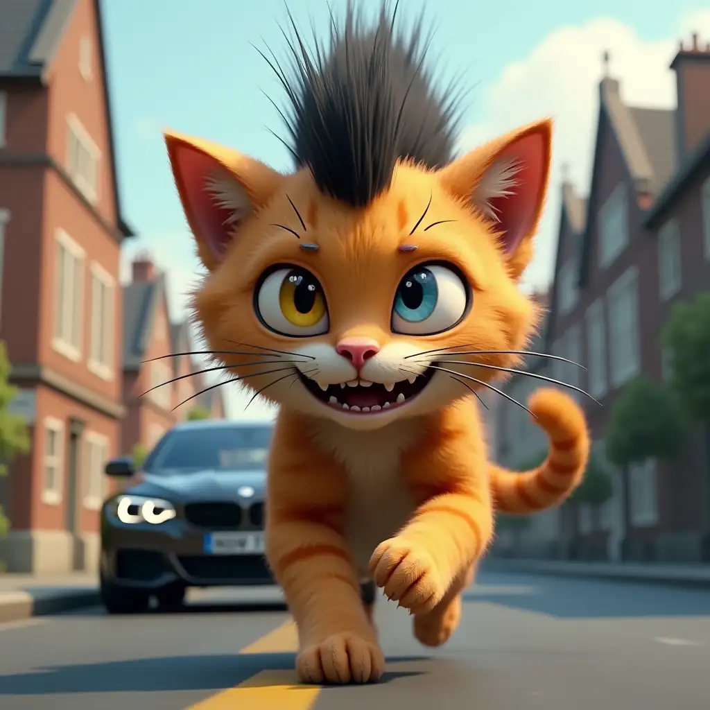 Big ginger cat with a black mohawk, one blue eye, one yellow eye, scars on the face, ear piercing, running away in fear from a black BMW on the road, computer graphics style