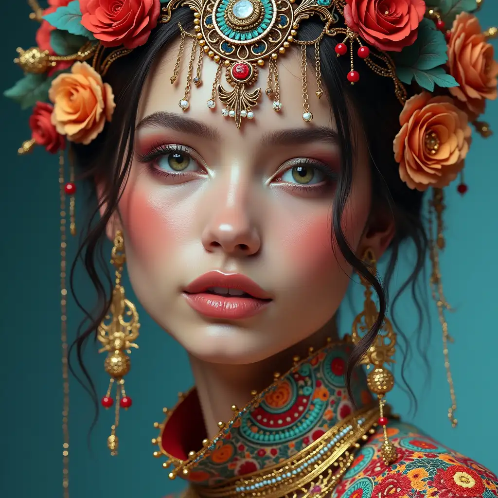 Hyperrealistic portrait of a beautifull woman wearin intricately detailed colourful and futuristic jewellery.